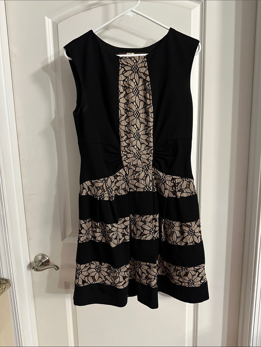 Anthropologie x Eva Franco Black/Beige Lace Panel Fit & Flare Dress - Size 12P